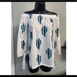 Off the shoulder cactus print long sleeve cotton top (tied at the wrist)